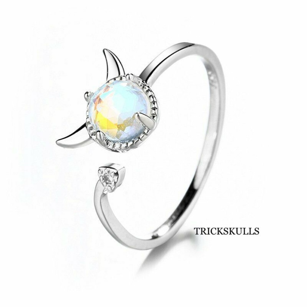 Silver Stainless Devil Horn & Tail Open Adjustable Round Cut Moonstone Ring New!
